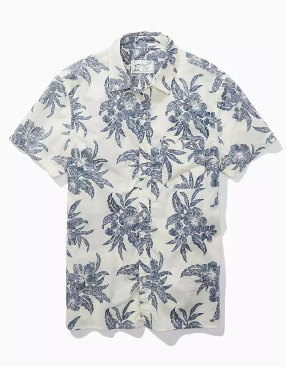 Hauts Flanelle American Eagle AE Tropical Button-Up Resort Shirt Blanche Homme | QJV-57495908